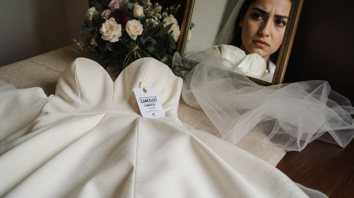 Wedding dress lies discarded on bed with cancelled tag attached and bride's reflection showing frustration
