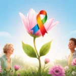 Colorful awareness ribbon blooming from flower with diverse survivors smiling and lush garden background