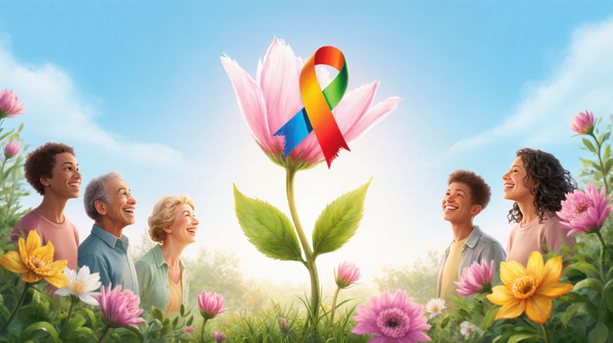 Colorful awareness ribbon blooming from flower with diverse survivors smiling and lush garden background