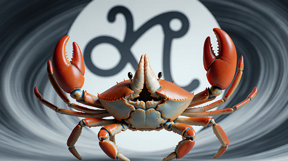 Crab zodiac sign standing with arms outstretched near a blurred Mercury symbol and soft blue swirling background
