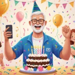 Cancer survivor celebrating milestone birthday with vibrant balloons and festive cake while family smiles nearby