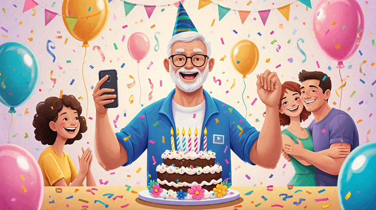 Cancer survivor celebrating milestone birthday with vibrant balloons and festive cake while family smiles nearby