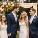 Candace Cameron Bure smiling with three children in wedding attire at an outdoor venue with golden lighting and lush greenery