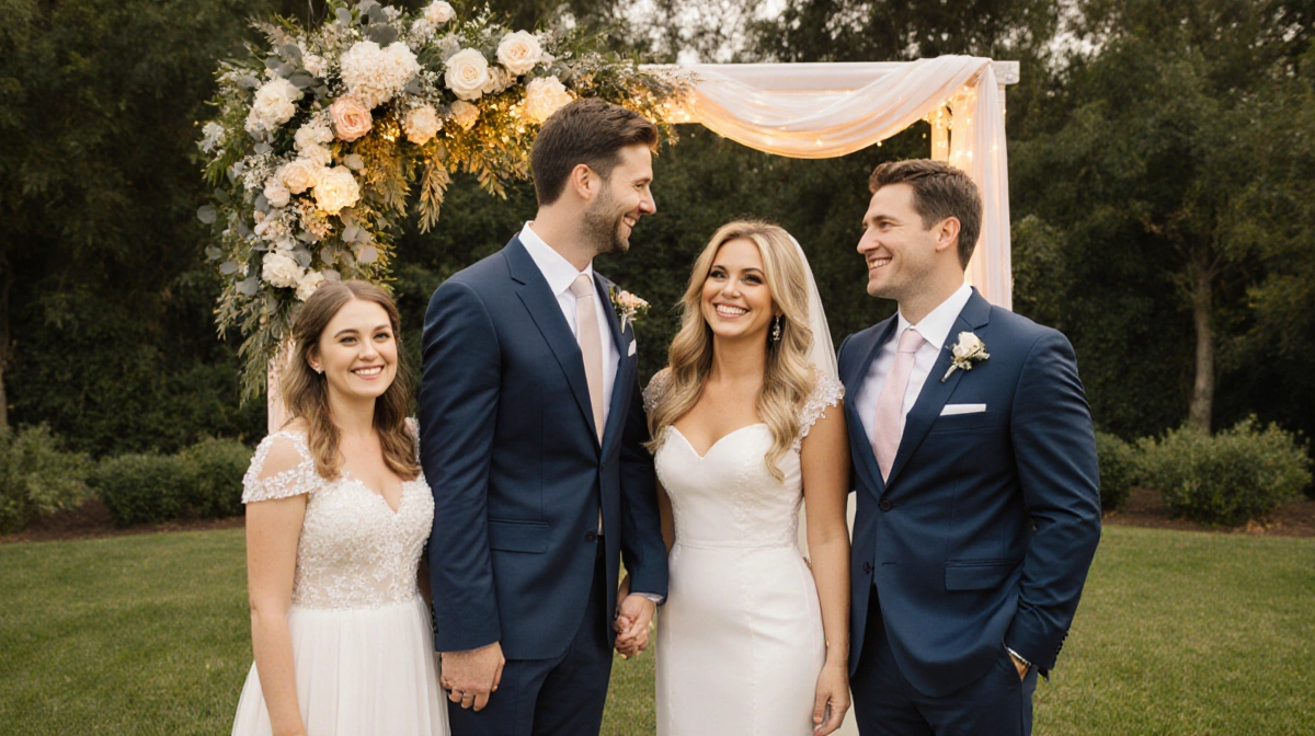 Candace Cameron Bure smiling with three children in wedding attire at an outdoor venue with golden lighting and lush greenery