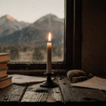 Flickering candle illuminates worn wooden desk with dusty books and papers near blurred Colorado mountains.