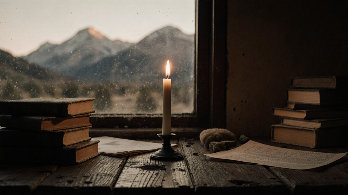 Flickering candle illuminates worn wooden desk with dusty books and papers near blurred Colorado mountains.