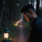 Ko Tin Zaw Htwe gazes downward in profile with candle-lit forest path and lone lantern beside him.