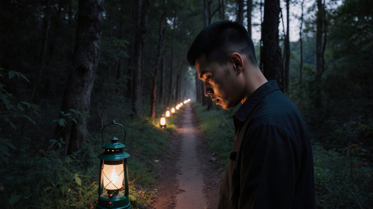 Ko Tin Zaw Htwe gazes downward in profile with candle-lit forest path and lone lantern beside him.