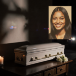Candle-lit room holds white urn on wooden table with fresh flowers and a golden image of a smiling woman evoking remembrance.
