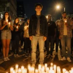 Teenager stands at candlelight vigil with friends and family holding candles showing hope and solidarity