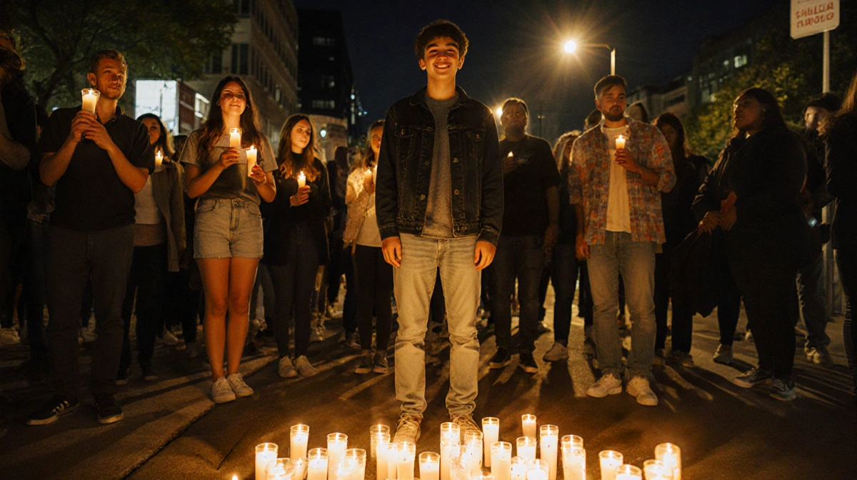 Teenager stands at candlelight vigil with friends and family holding candles showing hope and solidarity