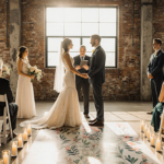 Amanda and Bradley exchanging vows with candlelight glow and industrial chic backdrop