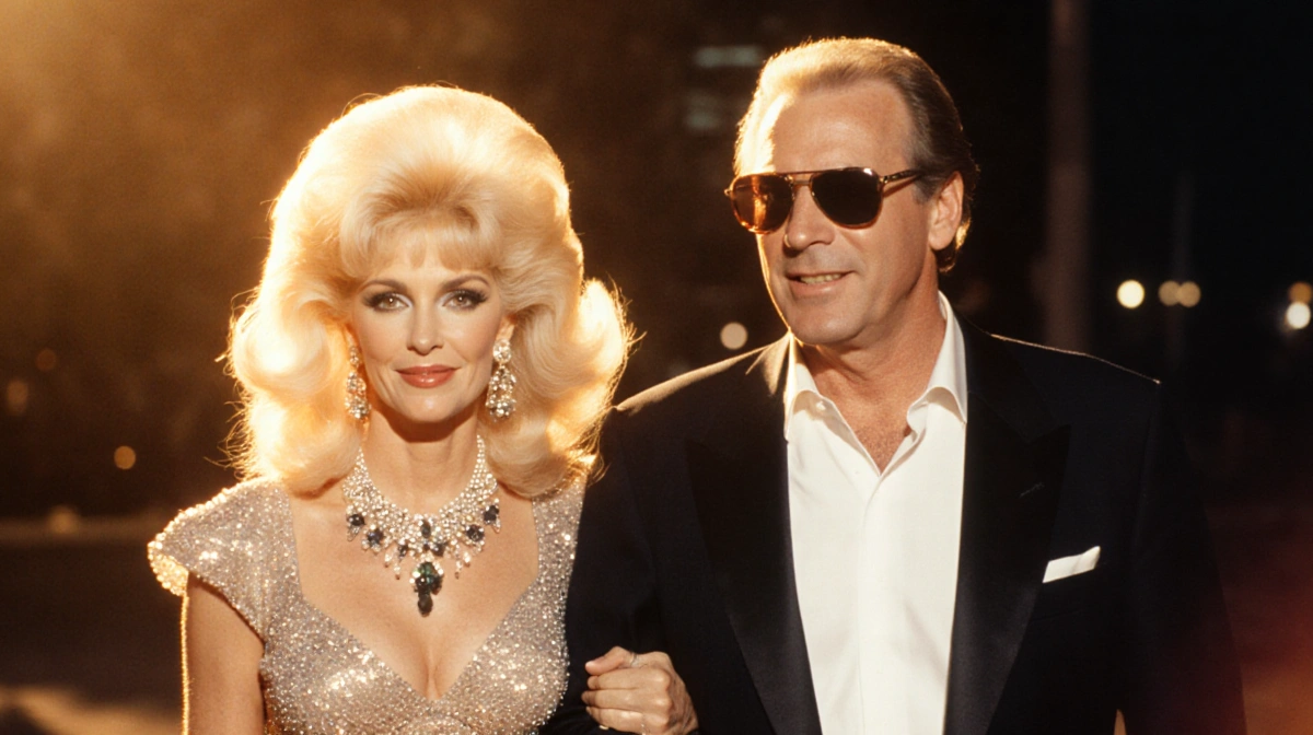 Candy and Aaron Spelling stand arm-in-arm with Beverly Hills glamour and warm golden lighting showing 1980s elegance