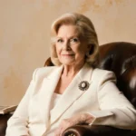 Candy Spelling posing confidently in vintage leather armchair with warm beige backdrop and antique brooch showing classic ele