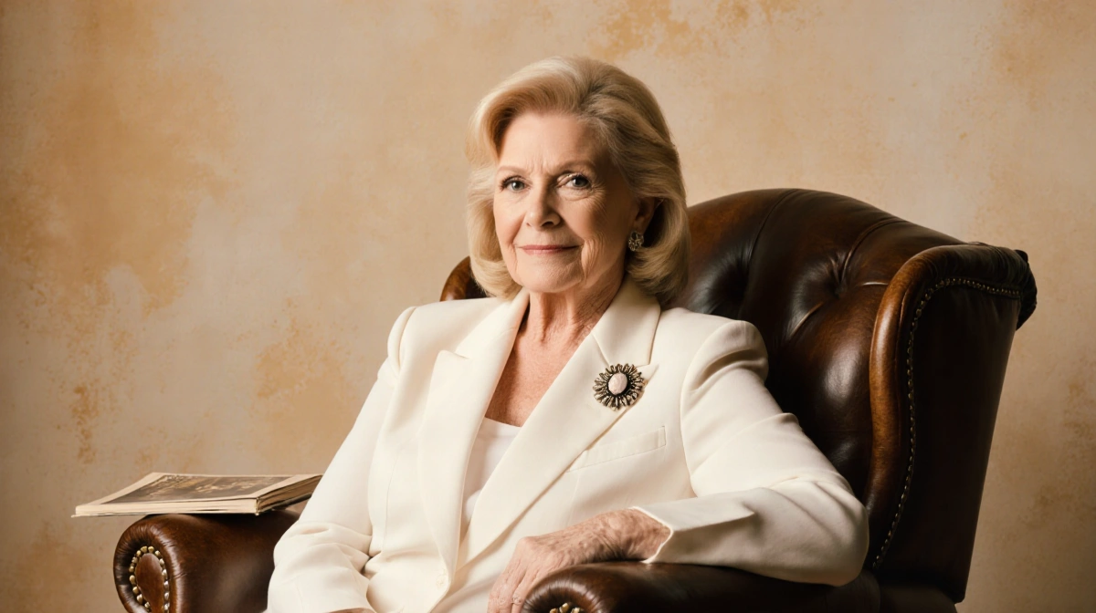 Candy Spelling posing confidently in vintage leather armchair with warm beige backdrop and antique brooch showing classic ele