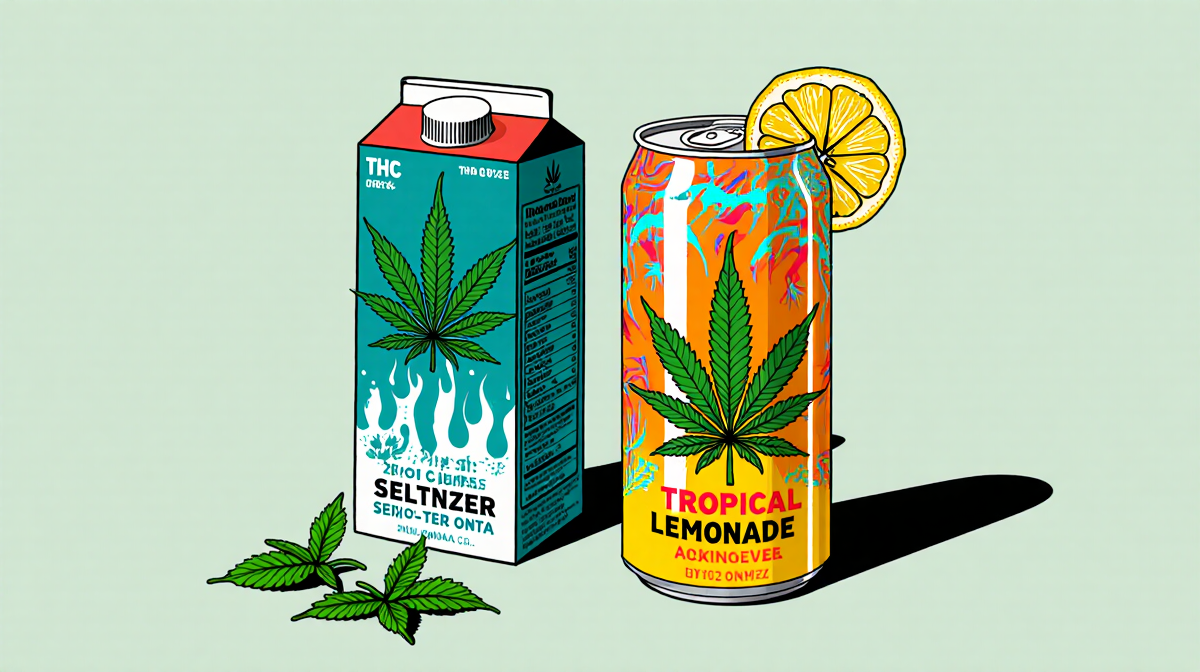 Cartons lined up side by side with cannabis leaf label and mint sprig on tropical lemonade and zero-calorie seltzer