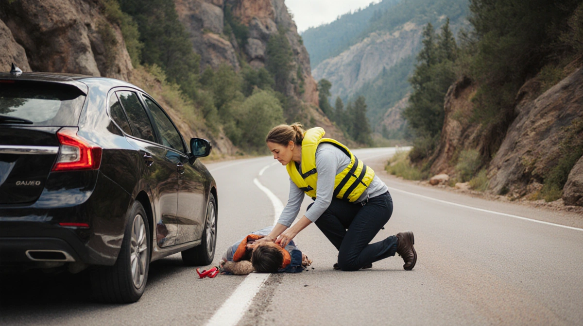 Young mother in yellow life jacket kneels beside injured driver with lush green canyon and winding road behind