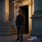Figure standing before Capitol entrance with warm golden light and scattered documents.