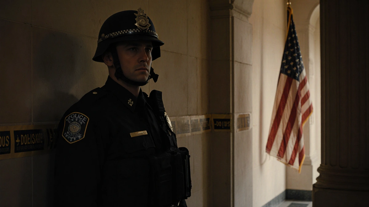 Capitol Police officer stands alone in dim hallway with faded flag and warm light and askew helmet and tired eyes.