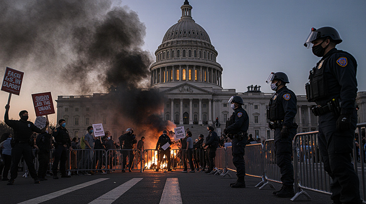 Protesters clash with riot police near the Capitol dome holding signs with smoke and flashing lights.