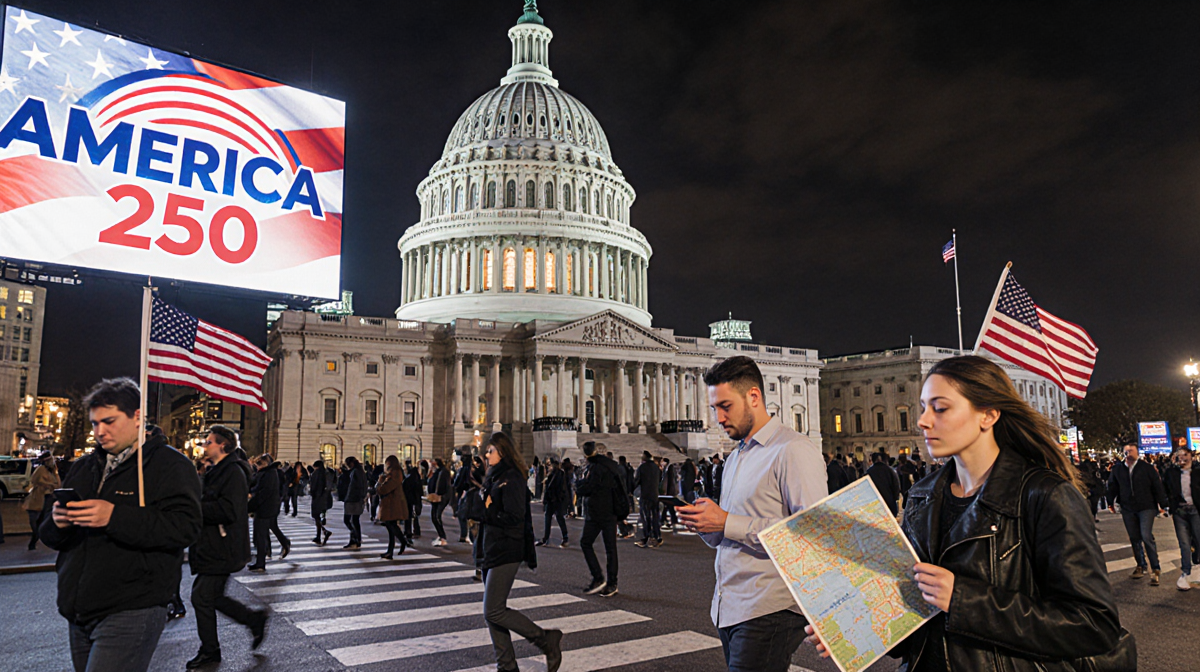 Tourists waving flags and maps with Capitol building and America250 billboard behind a crowded street