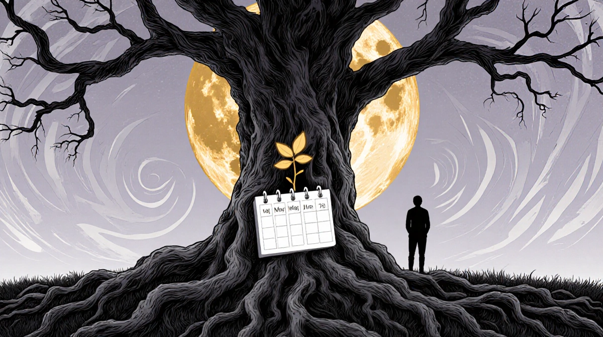 Person stands before ancient tree shaped like calendar with glowing seedling at roots and full moon shining golden light