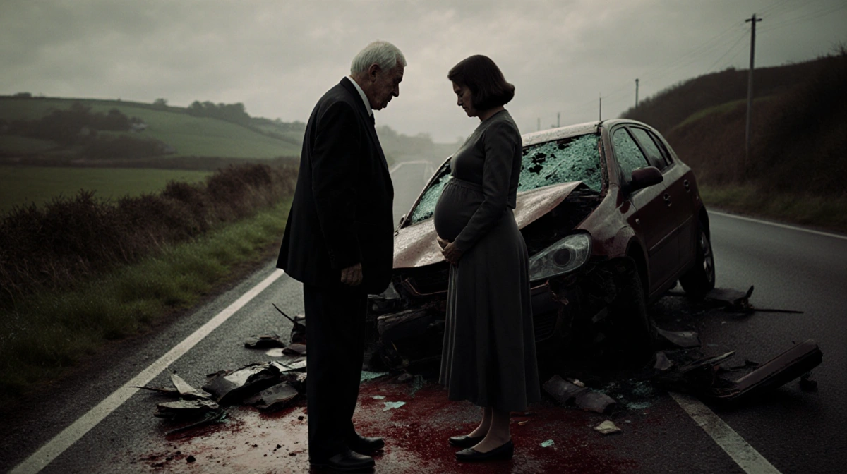 Elderly man and pregnant woman lying injured on rural road with car wreckage and shattered glass nearby