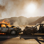 Charred cars collide with flames engulfing one hood and smoke inside the other on a desert highway