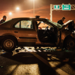 Paramedics tending injured people beside twisted vehicle with shattered glass and sunset backdrop.