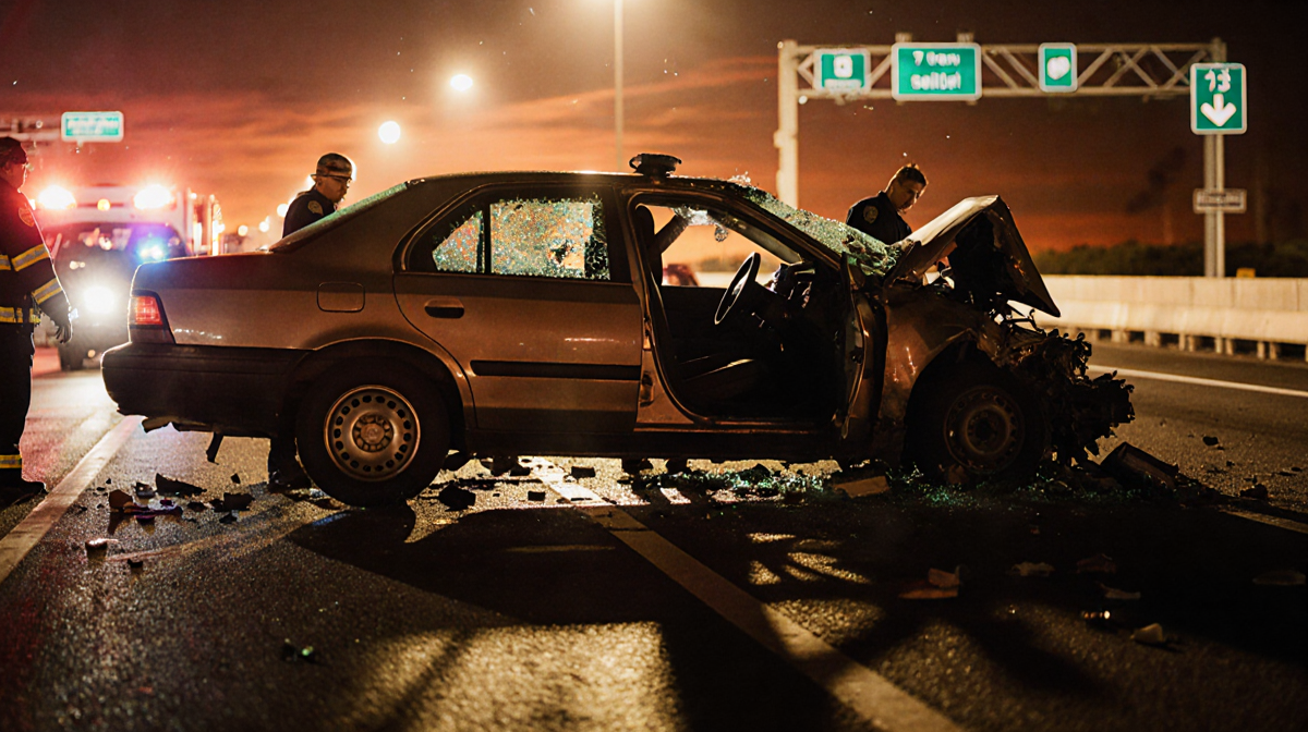 Paramedics tending injured people beside twisted vehicle with shattered glass and sunset backdrop.