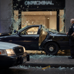 Smashed car crashing into jewelry store door with shattered glass and police cruiser nearby.