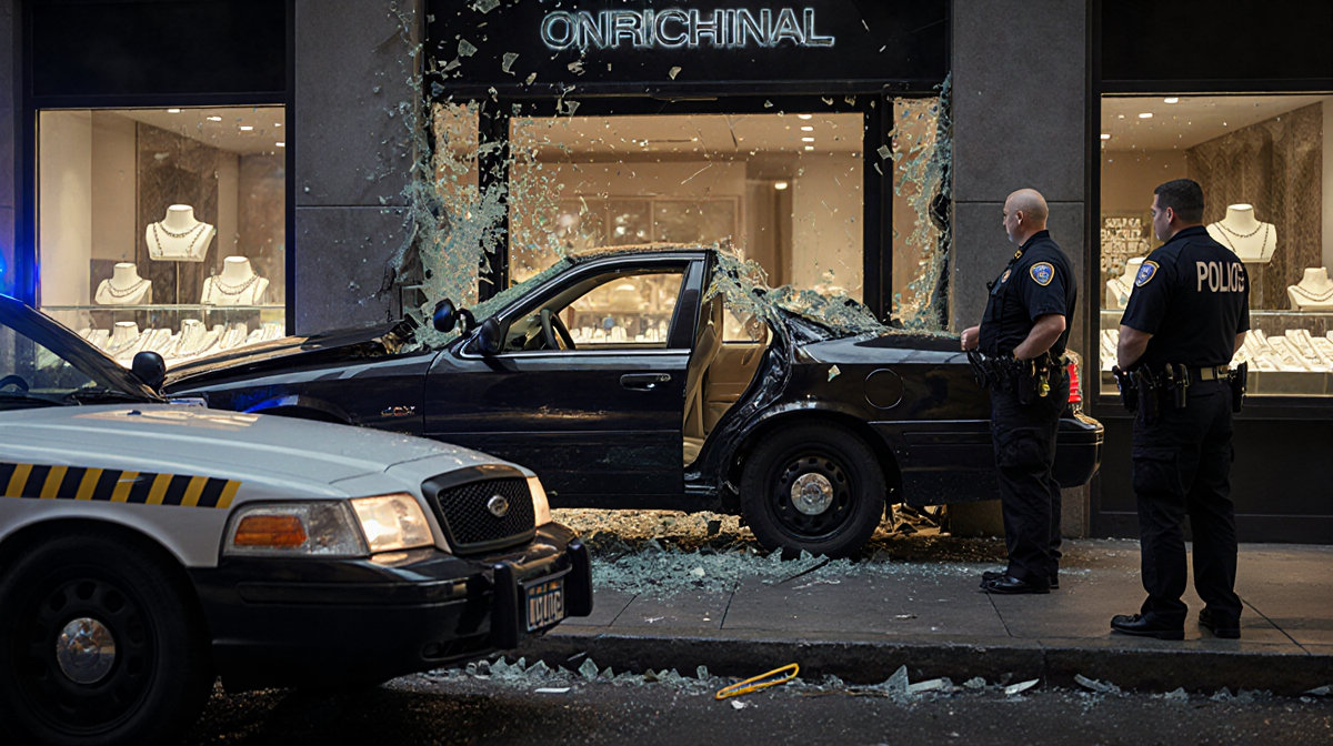 Smashed car crashing into jewelry store door with shattered glass and police cruiser nearby.