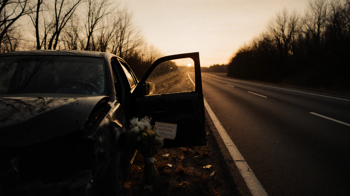 Abandoned crashed car lies beside highway with flowers and anniversary card visible through open door