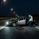 Emergency responder kneels beside wrecked car with open door and police tape showing accident scene