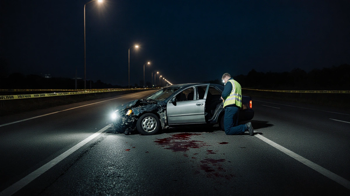 Emergency responder kneels beside wrecked car with open door and police tape showing accident scene