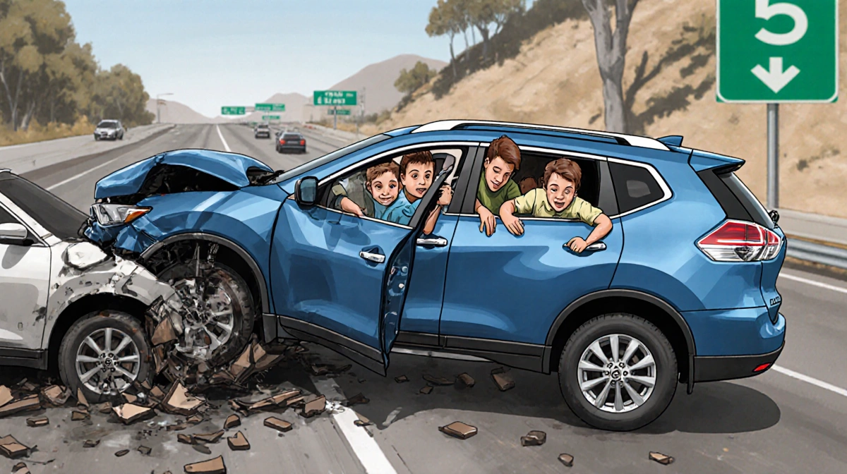 Tilted blue Nissan Rogue crashes into another car on the freeway with three children ejected and wreckage scattered.
