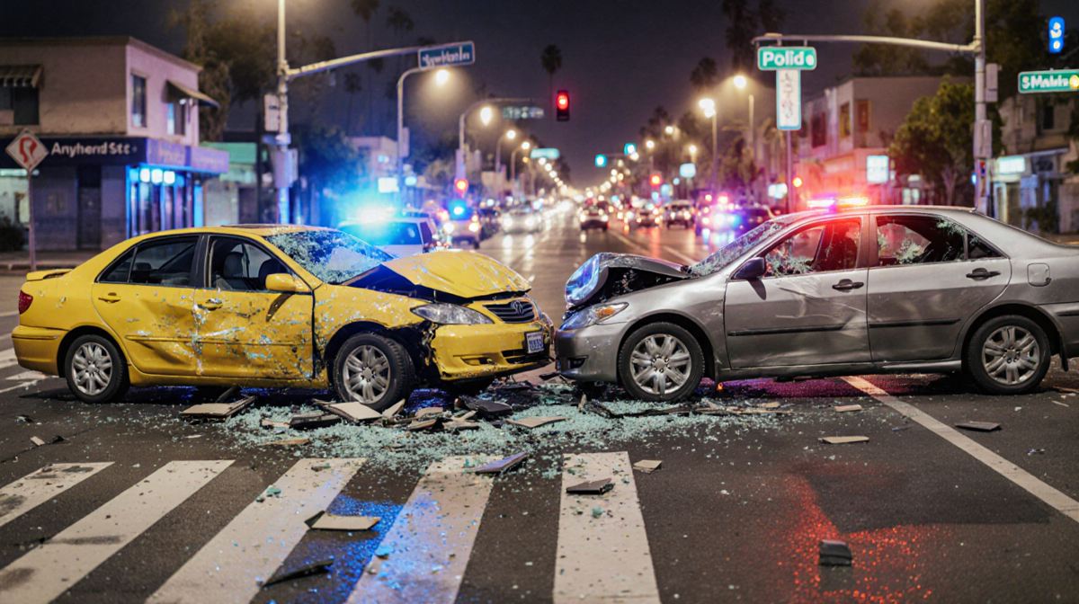 Cars crashing with glass and debris scattered under flashing police lights at Anaheim intersection