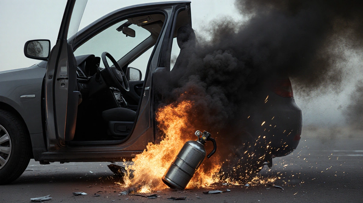 Car locks engage with smoke and flames erupting beneath chassis and black smoke pouring through open windows