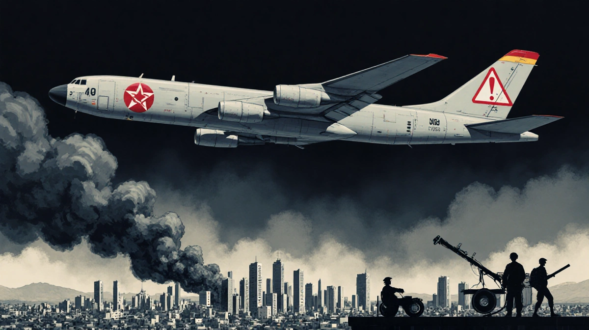 Military aircraft hovering over Caracas with red warning symbol and ash clouds rising from the city