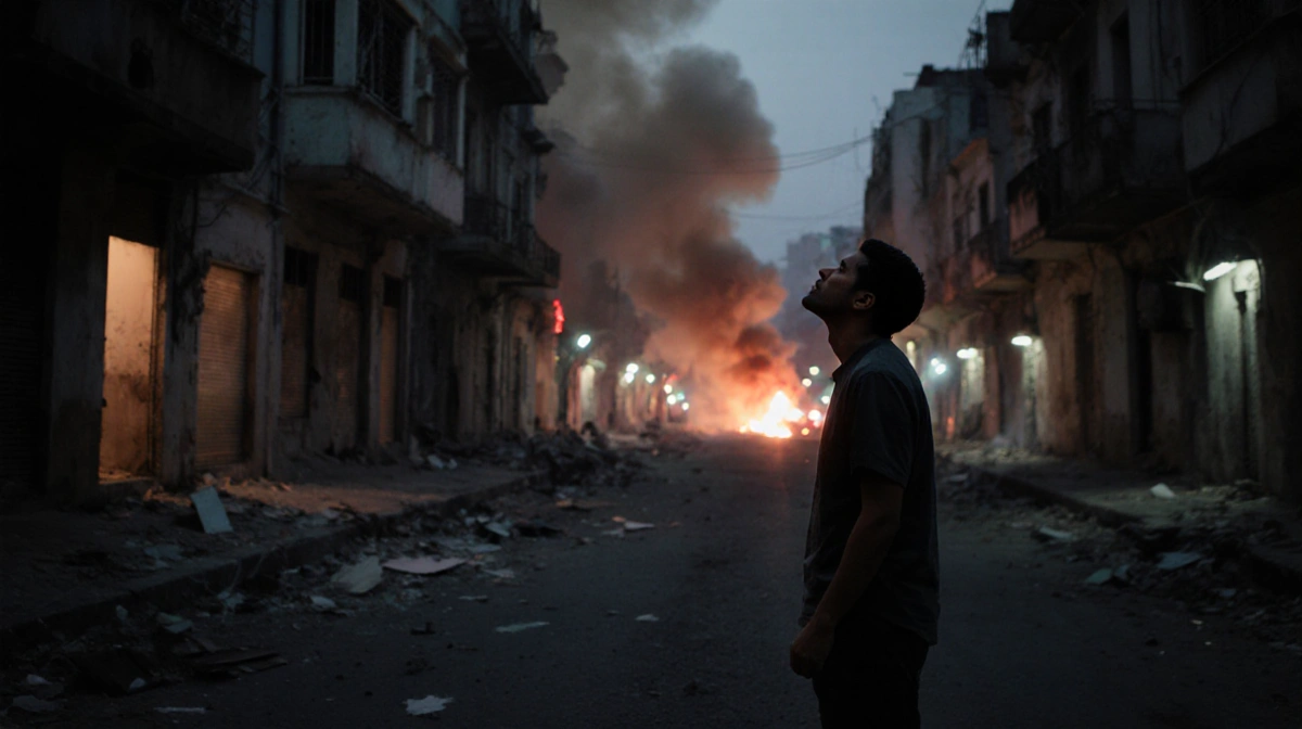 Lone figure stands on Caracas street at night with smoke and fire rising in distance looking up with fear and determination