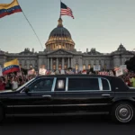 Presidential limousine cruising Caracas streets with Palacio de Miraflores looming and protesters holding flags and signs