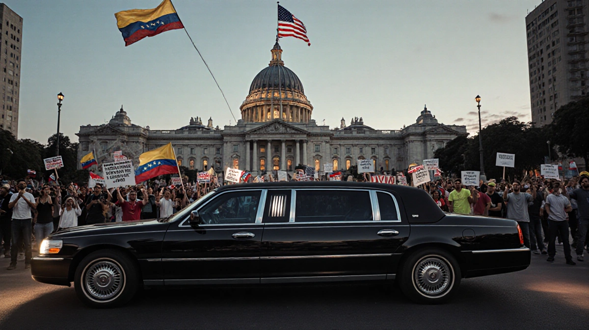 Presidential limousine cruising Caracas streets with Palacio de Miraflores looming and protesters holding flags and signs