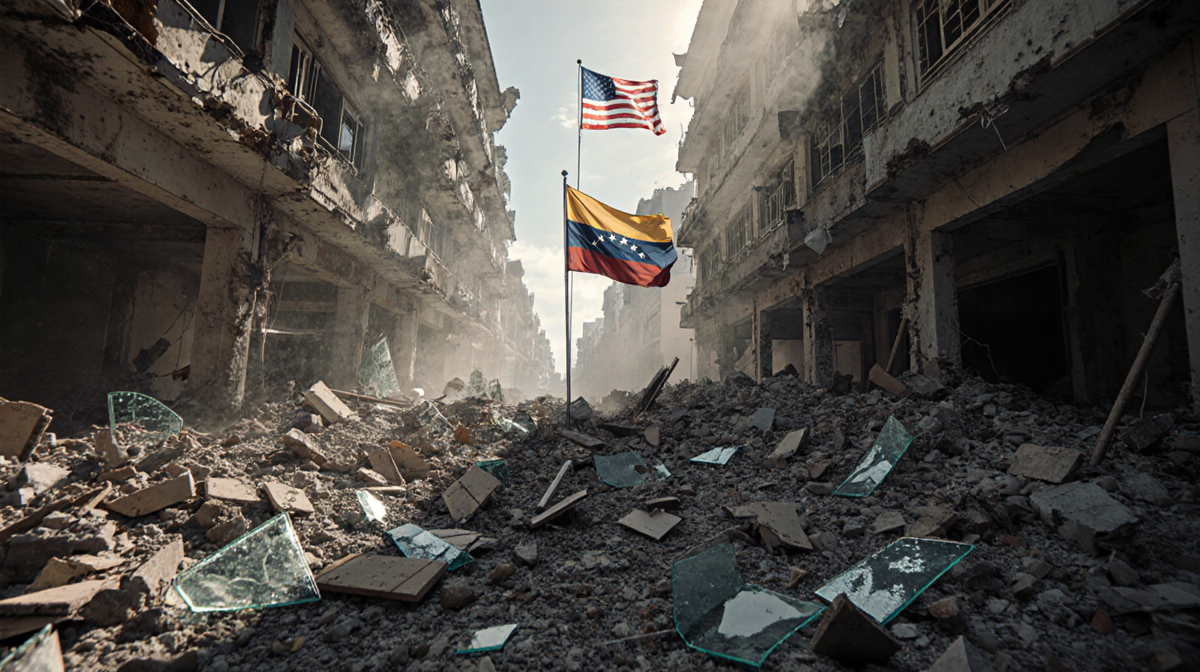 American flag standing with rubble and shattered glass in a dust-filled Caracas raid aftermath