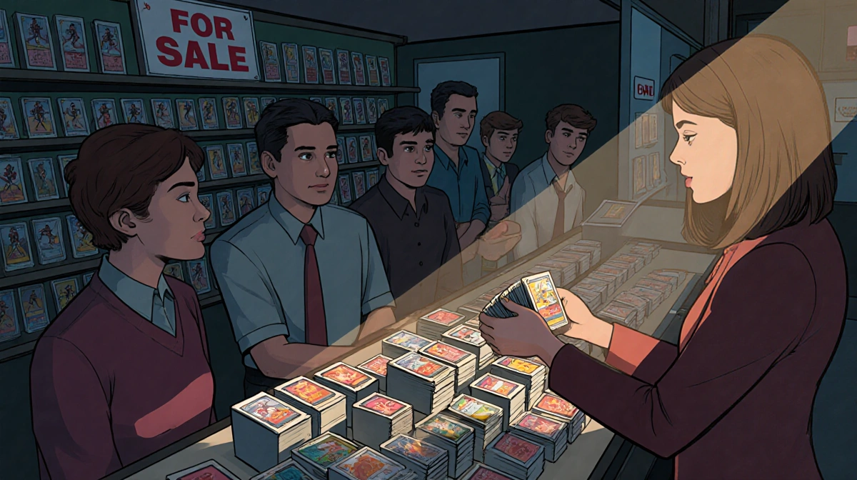 Woman presenting valuable sports cards to shop employees with sale sign and card displays behind counter