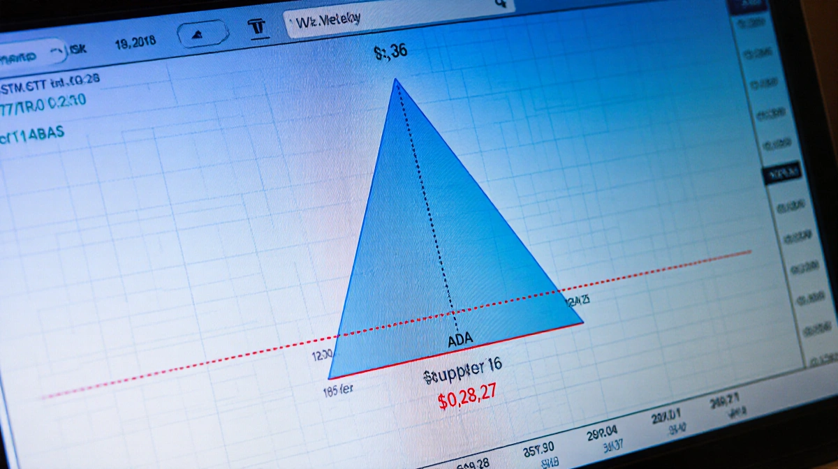 Cardano ADA price chart showing symmetrical triangle pattern with blue trendlines and red support zone near 0.36