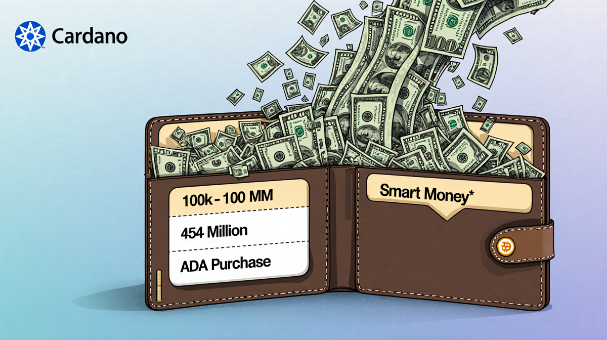 Capital pours into an overflowing wallet with labeled compartments showing Cardano smart money and ADA purchases spilling cas