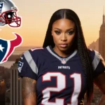 Cardi B posing confidently with Patriots jersey and helmet visible behind her as city sunset glows