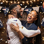 Cardi B laughing while embracing Stefon Diggs with confetti and Patriots flags in a warm sports bar for the AFC Championship