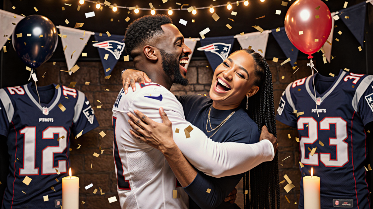 Cardi B laughing while embracing Stefon Diggs with confetti and Patriots flags in a warm sports bar for the AFC Championship