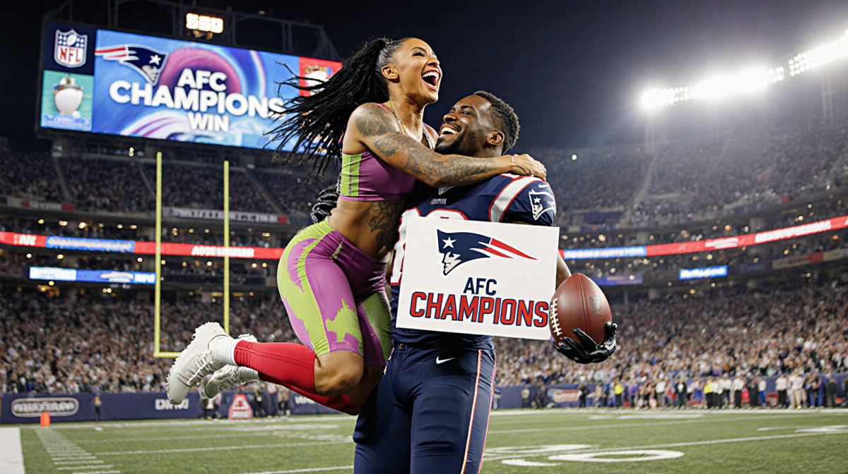 Cardi B leaps into Stefon Diggs' arms with football and AFC Champions scoreboard in background